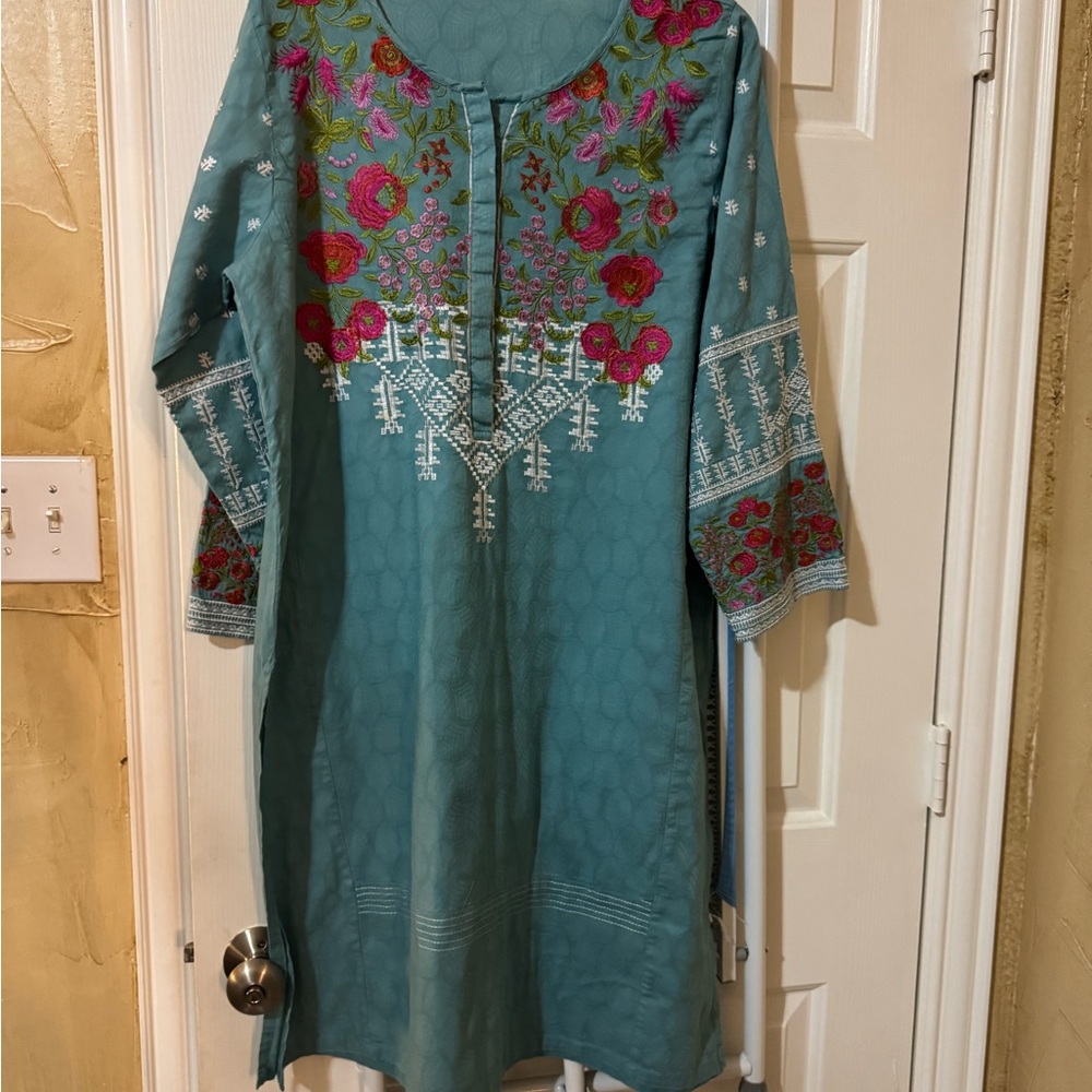 Khaadi teal shirt with Colorful Floral Embroidery